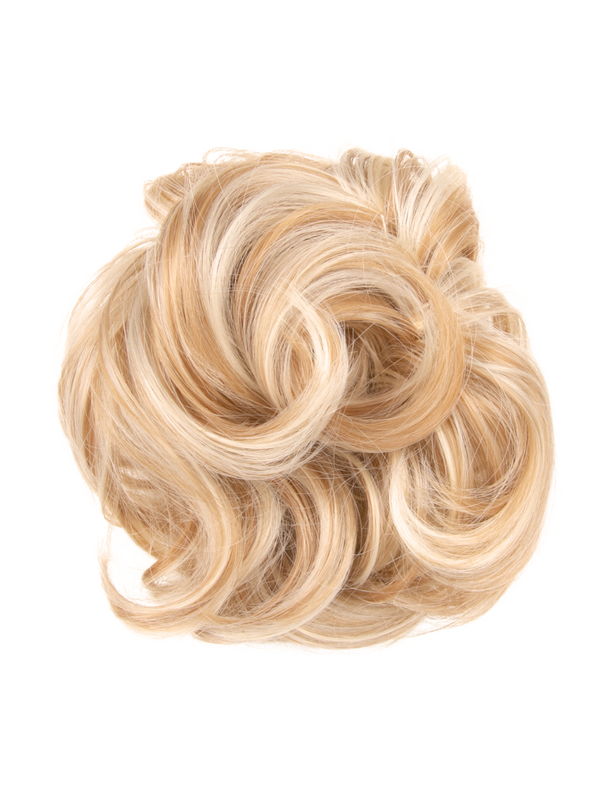 golden beige blonde messy bun hair extension scrunchie