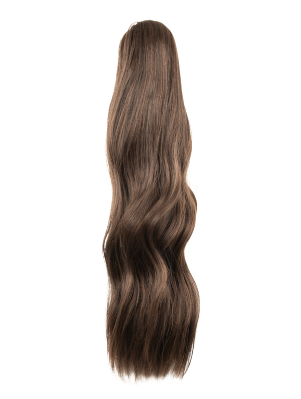 warm brunette 22 Inch Wavy Claw Clip and Drawstring Ponytail