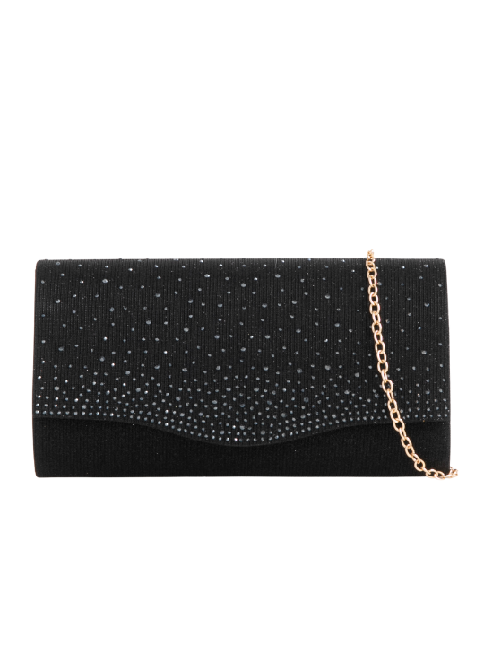 Black Glitter Rhinestone Foldover Clutch Bag
