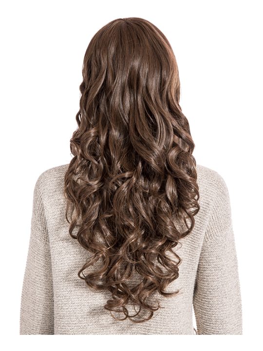 24 Inch Curly Full Head Wig with Fringe dark brown and caramel