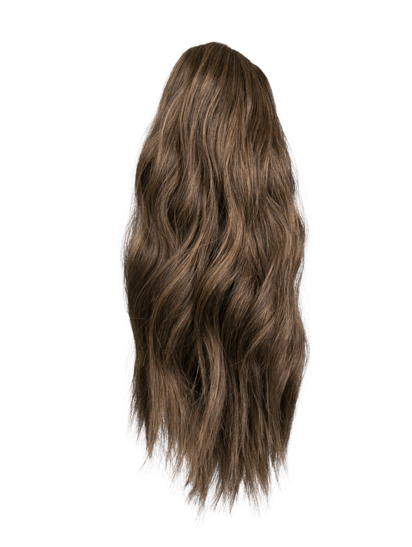 dark brown and caramel 16 Inch Wavy Claw Clip and Drawstring Ponytail