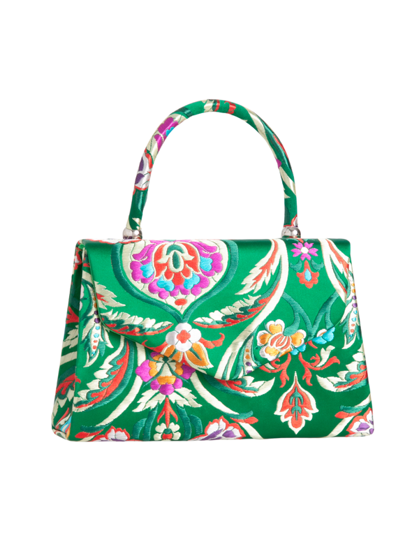 Green Satin Jacquard Print Handbag