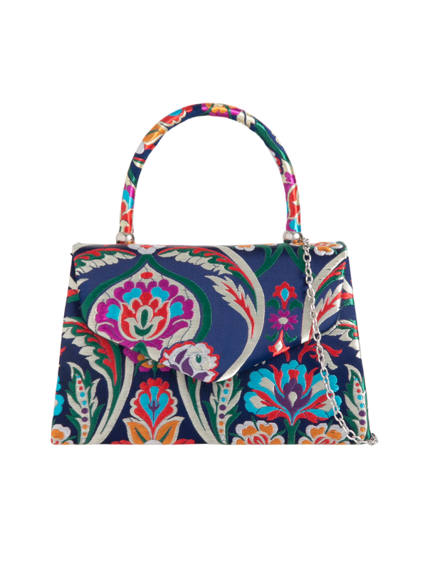 Navy Blue Satin Jacquard Print Handbag