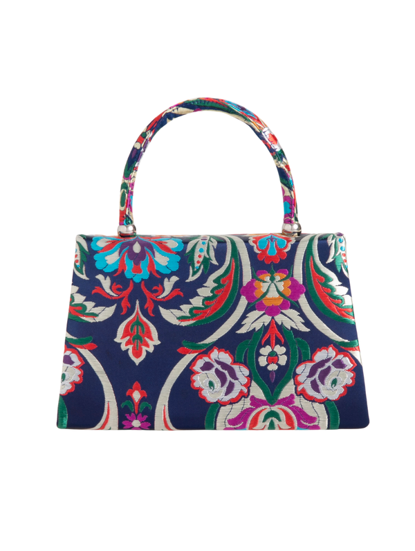Navy Blue Satin Jacquard Print Handbag