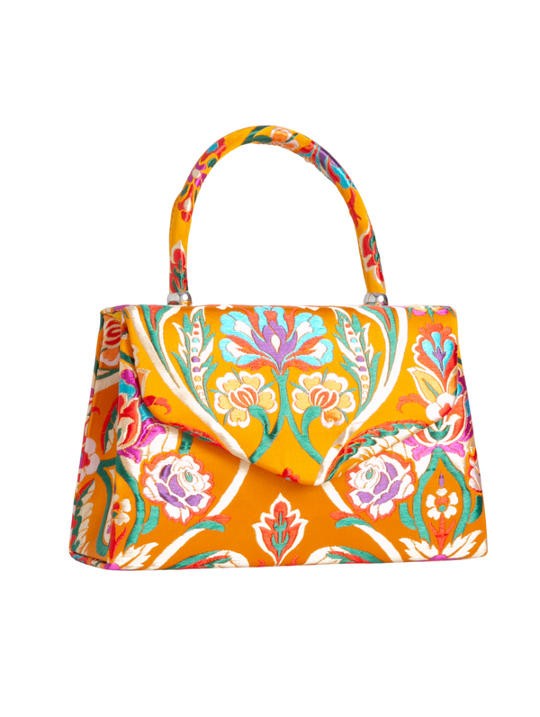 Yellow Satin Jacquard Print Handbag