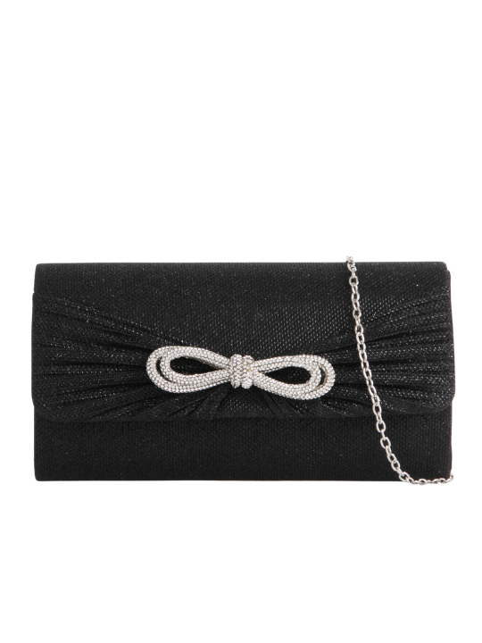 Black Rhinestone Bow Detail Clutch Bag