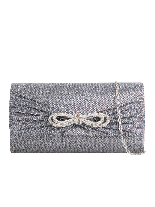 grey Rhinestone Bow Detail Clutch Bag