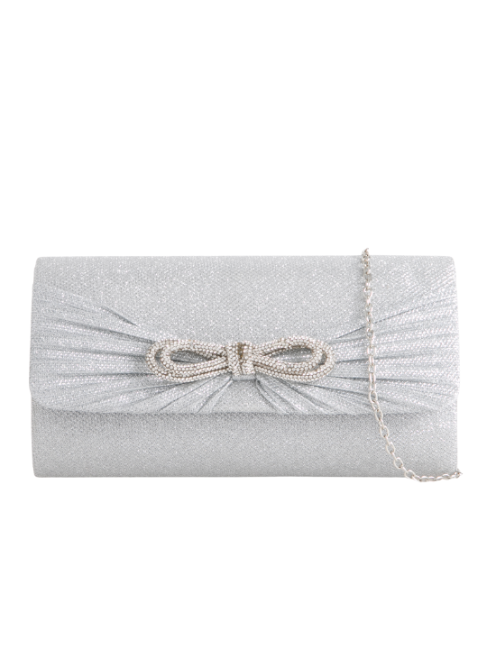 silver Rhinestone Bow Detail Clutch Bag