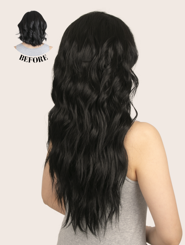 Jasmine 25 Inch Brushed Out Waves Half Head Wig in Raven before and after