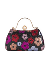 Floral patterned handbag with colorful flowers on a black background