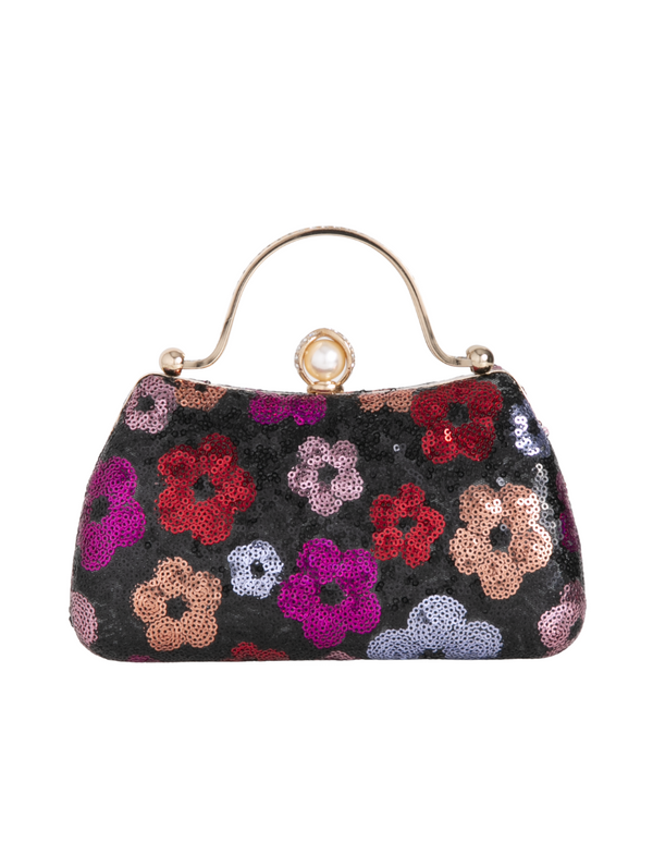 Floral patterned handbag with colorful flowers on a black background