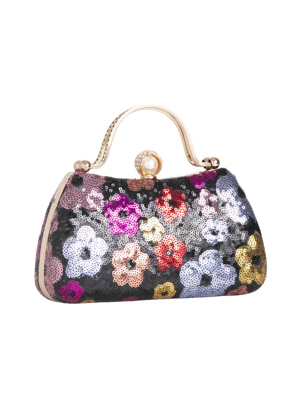 Black Multicolour Floral Pattern Sequin Evening Clutch Bag