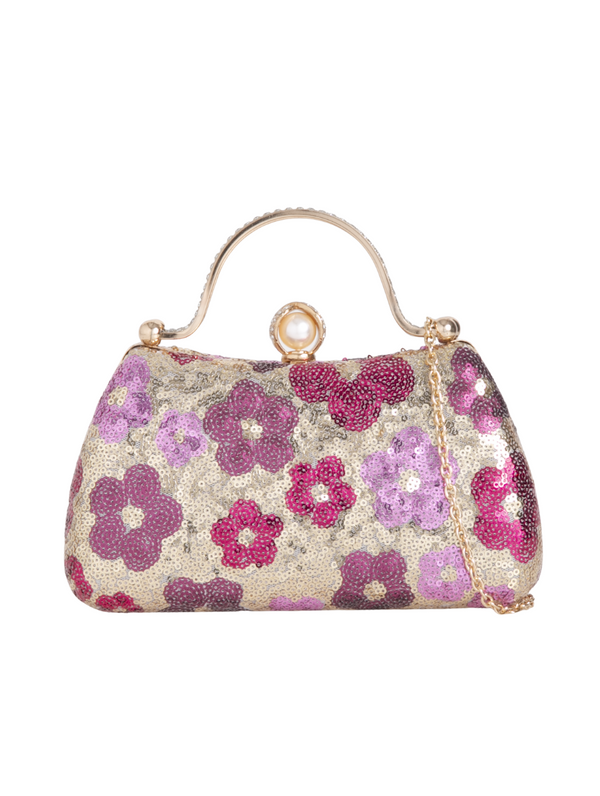 Gold Red Floral Pattern Sequin Evening Clutch Bag