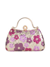 Floral patterned handbag with pink and purple flowers on a gold sequin background