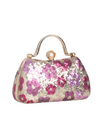 Floral patterned handbag with rhinestone handle on a white background