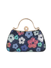 Floral-patterned handbag with colorful flowers on a navy BLUE background
