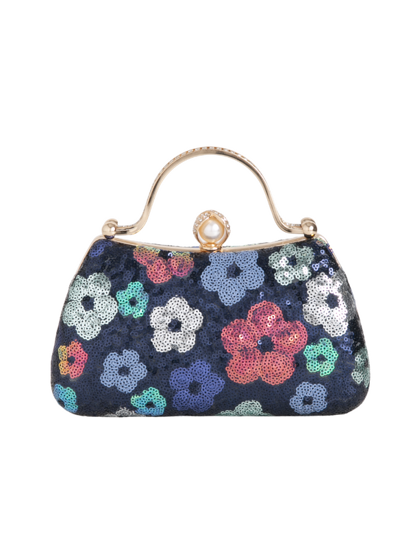Floral-patterned handbag with colorful flowers on a navy BLUE background