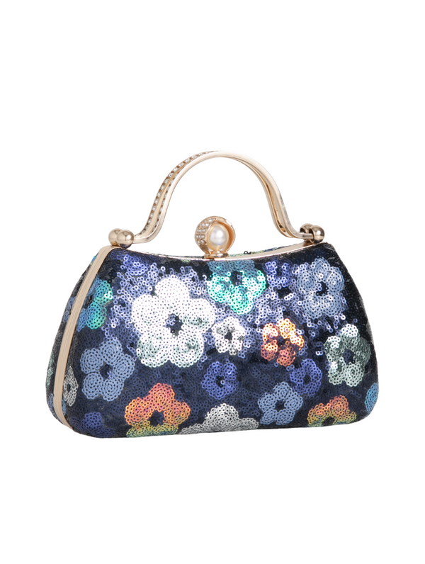 Floral sequin handbag with a gold handle on a white background