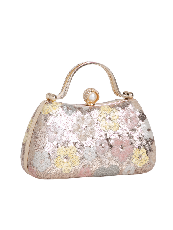 Sparkly handbag with floral design and gold handle