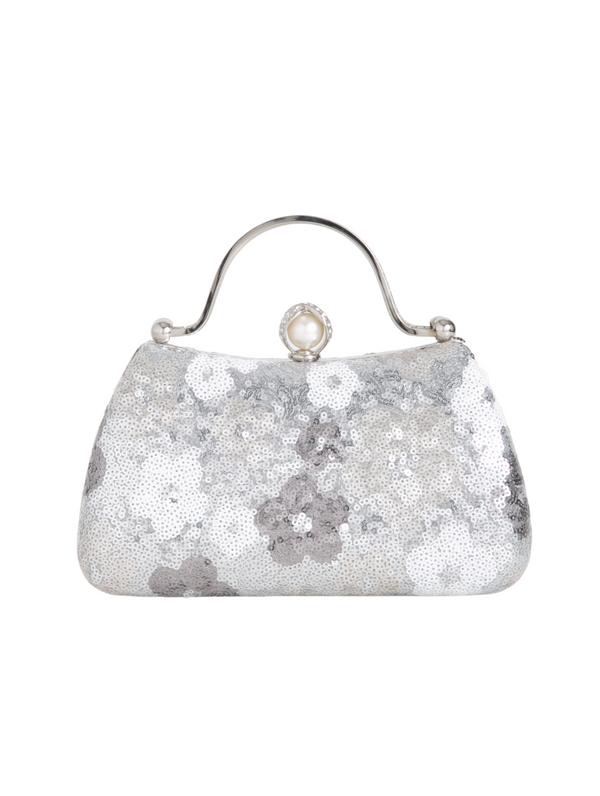 Silver Floral Pattern Sequin Evening Clutch Bag