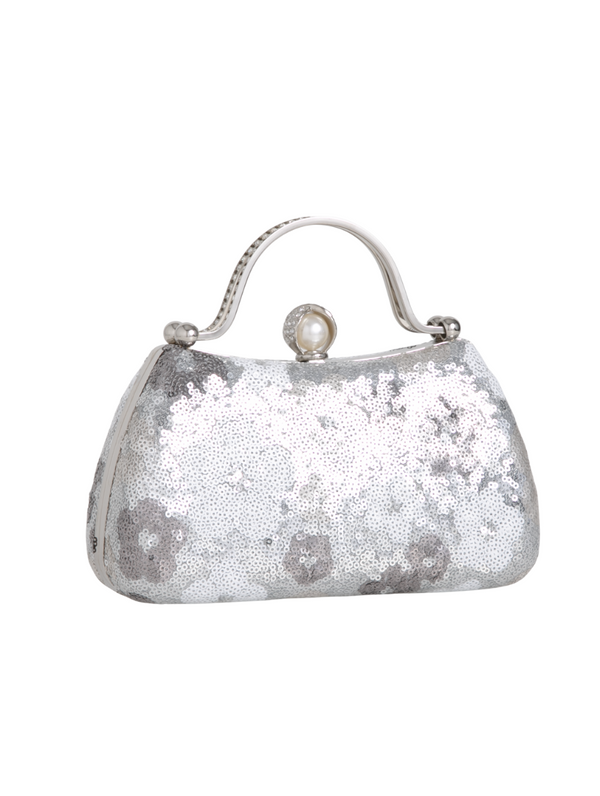 Silver Floral Pattern Sequin Evening Clutch Bag