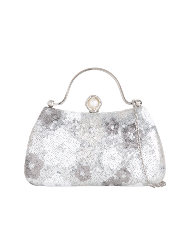 Silver Floral Pattern Sequin Evening Clutch Bag