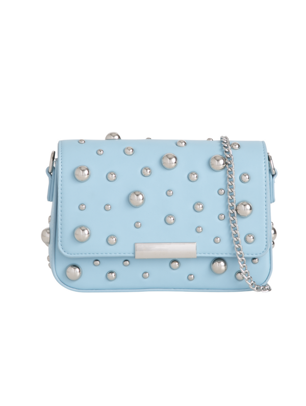 Small Studded Blue Faux Leather Shoulder Bag