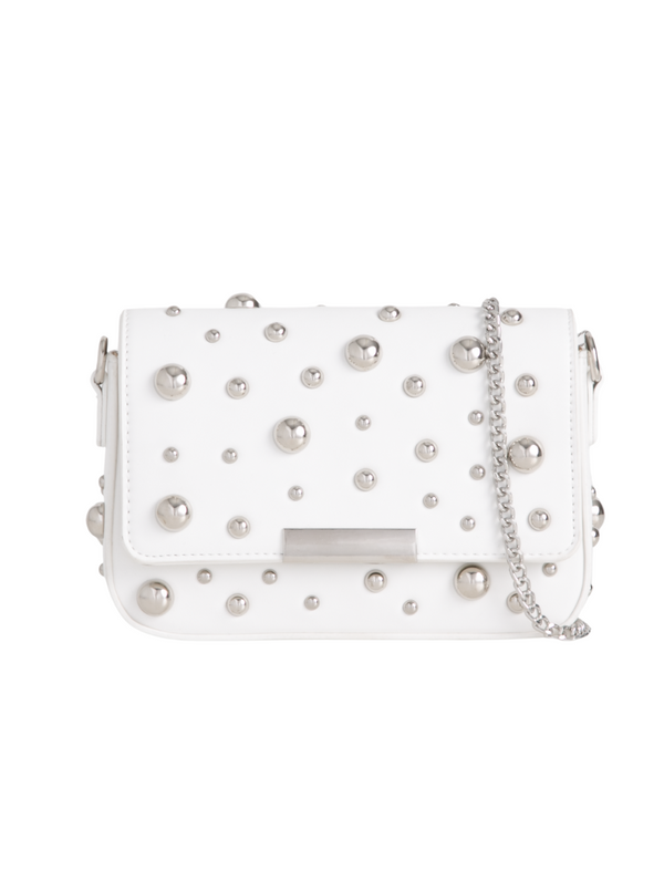 Small Studded White Faux Leather Shoulder Bag