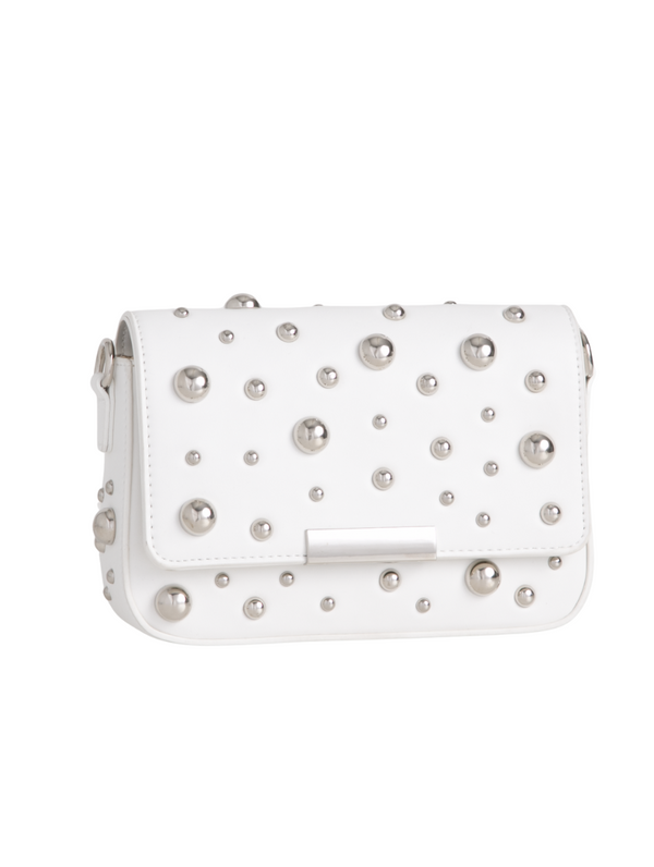 Small Studded White Faux Leather Shoulder Bag