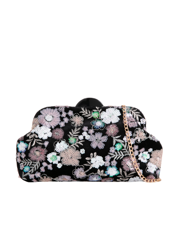 Black Velour Floral Sequin Embroidered Clutch Bag