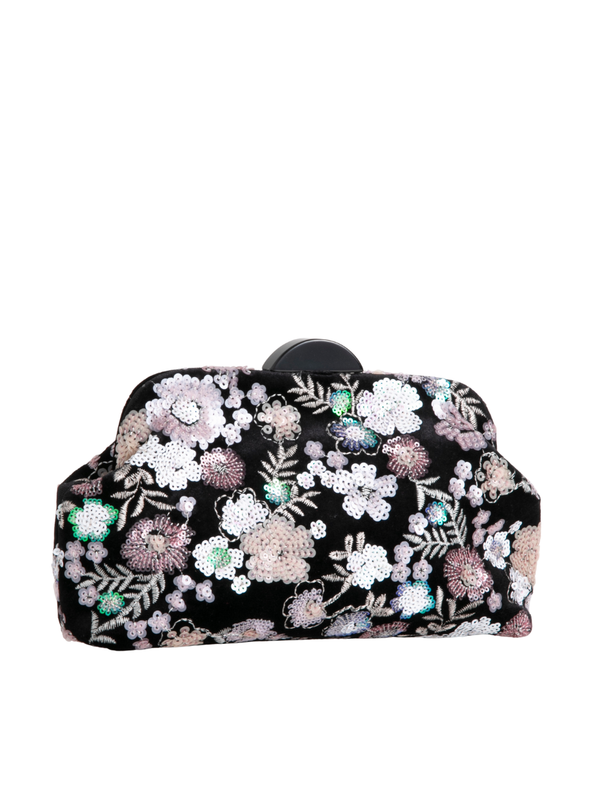 Black Velour Floral Sequin Embroidered Clutch Bag