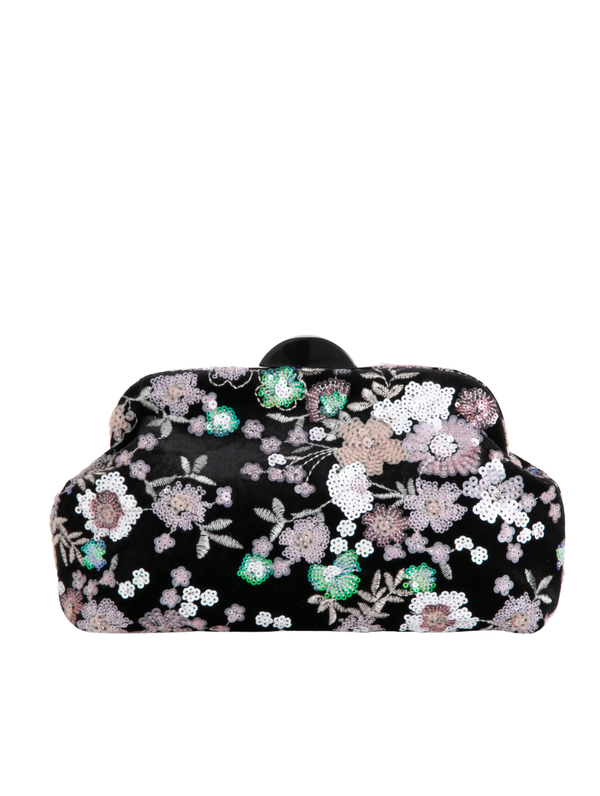 Black Velour Floral Sequin Embroidered Clutch Bag