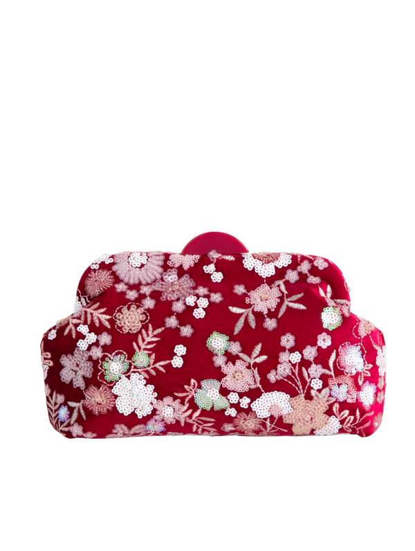 Cherry Red Velour Floral Sequin Embroidered Clutch Bag