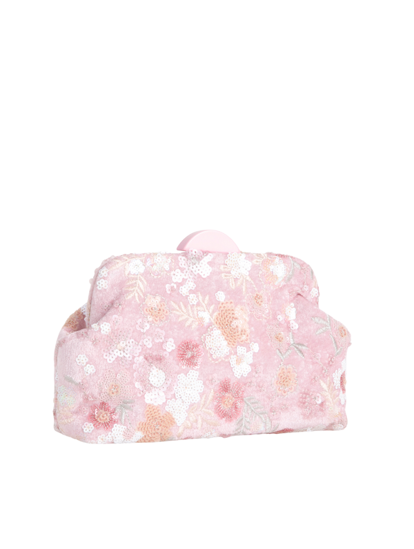 Pink Velour Floral Sequin Embroidered Clutch Bag