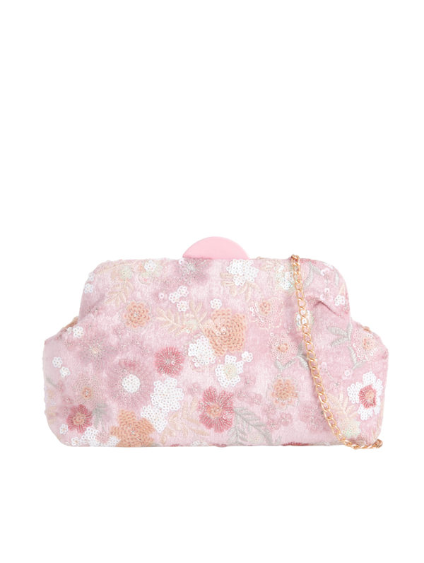 Pink Velour Floral Sequin Embroidered Clutch Bag