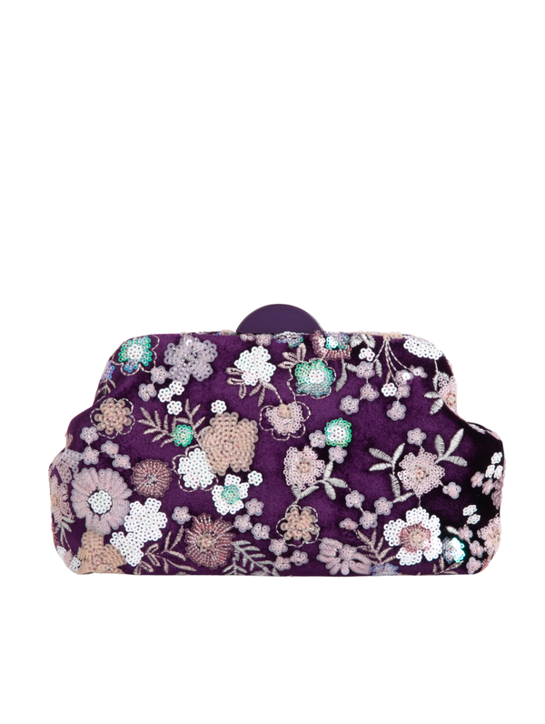 Purple Velour Floral Sequin Embroidered Clutch Bag