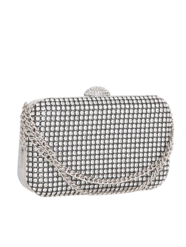 Silver Diamanté Embellished Chain Handle Clutch Bag