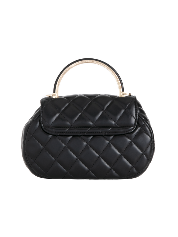 Black Quilted Faux Leather Top Handle Bag with Shoulder Chain Strap