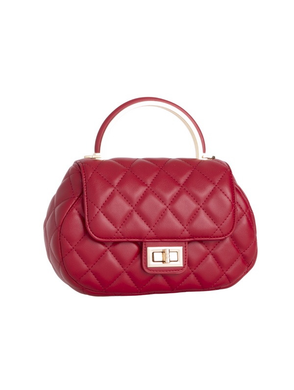 Cherry Red Quilted Faux Leather Top Handle Bag with Shoulder Chain Strap