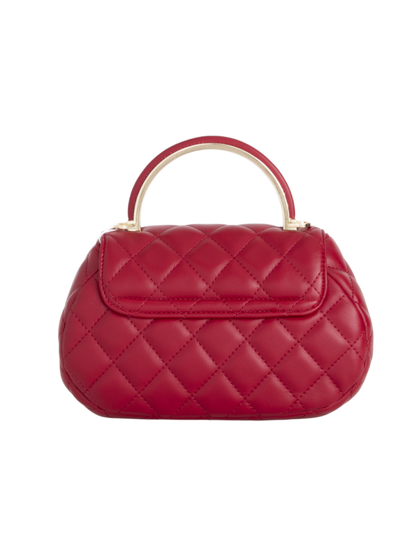 Cherry Red Quilted Faux Leather Top Handle Bag with Shoulder Chain Strap