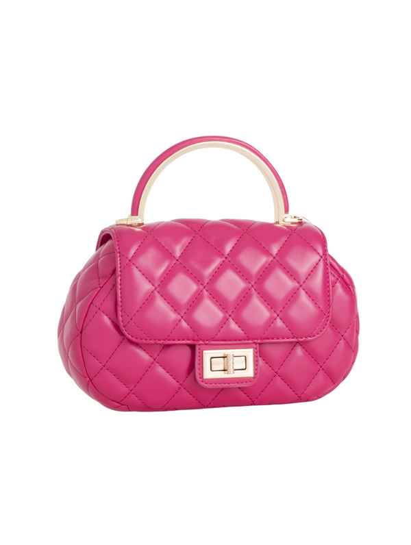 Fuchsia Quilted Faux Leather Top Handle Bag with Shoulder Chain Strap