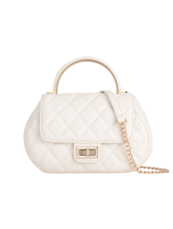 Ivory Quilted Faux Leather Top Handle Bag with Shoulder Chain Strap