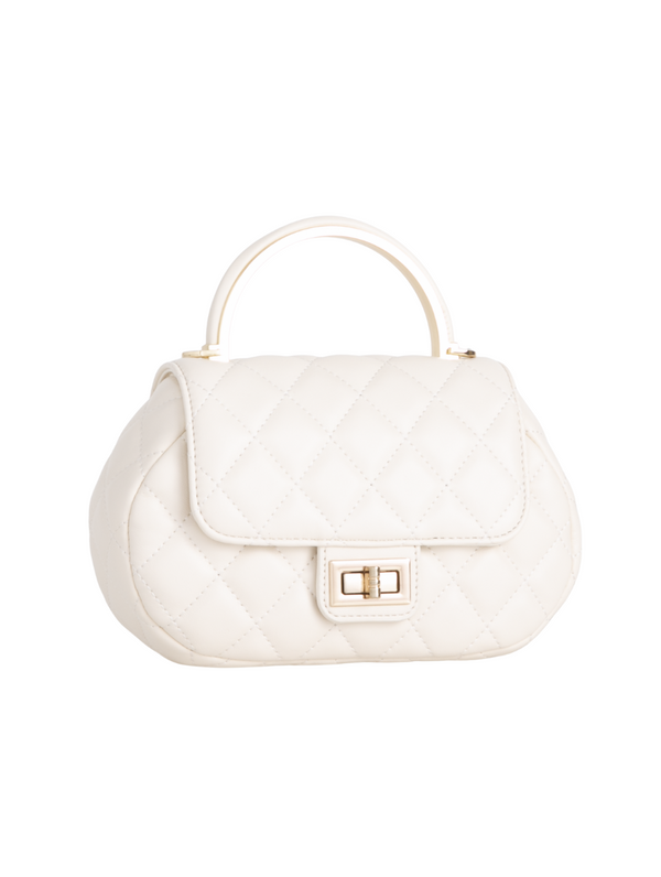 Ivory Quilted Faux Leather Top Handle Bag with Shoulder Chain Strap