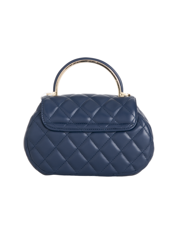 Navy Blue Quilted Faux Leather Top Handle Bag with Shoulder Chain Strap