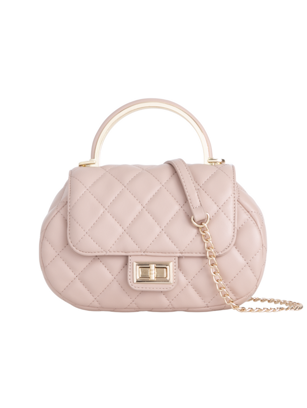 Nude Quilted Faux Leather Top Handle Bag with Shoulder Chain Strap