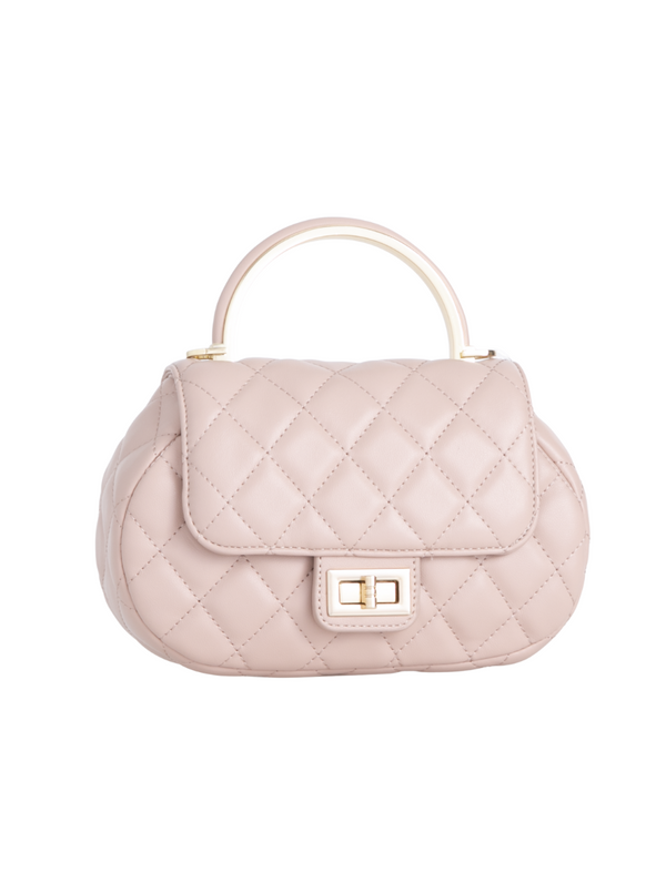 Nude Quilted Faux Leather Top Handle Bag with Shoulder Chain Strap