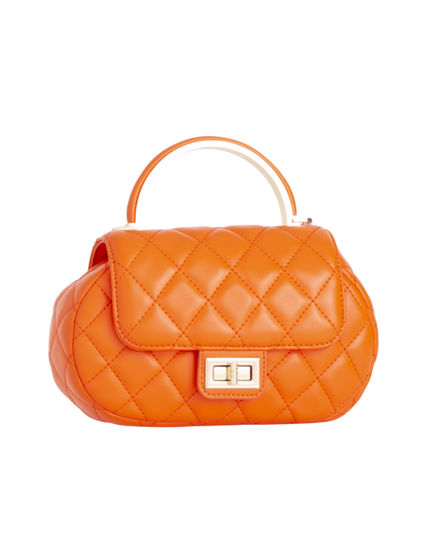 Orange Quilted Faux Leather Top Handle Bag with Shoulder Chain Strap