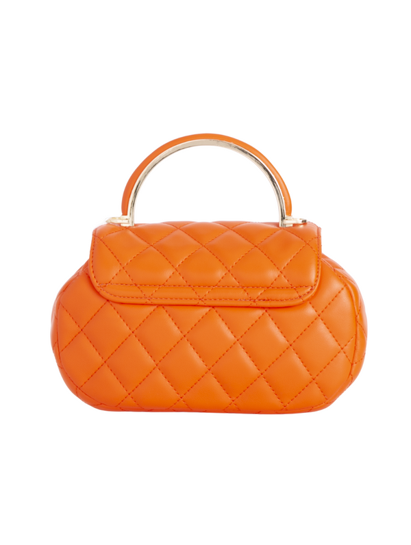 Orange Quilted Faux Leather Top Handle Bag with Shoulder Chain Strap