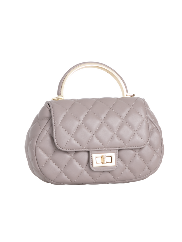 Taupe Grey Quilted Faux Leather Top Handle Bag with Shoulder Chain Strap