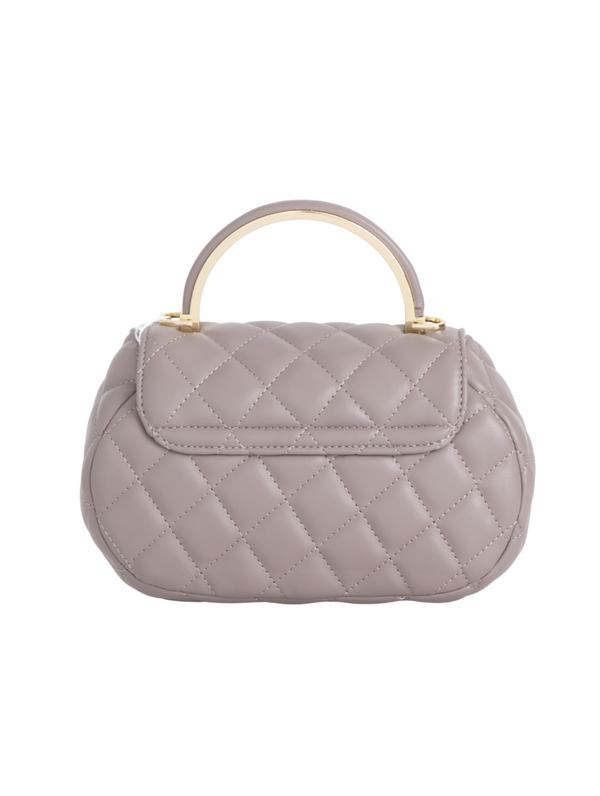 Taupe Grey Quilted Faux Leather Top Handle Bag with Shoulder Chain Strap